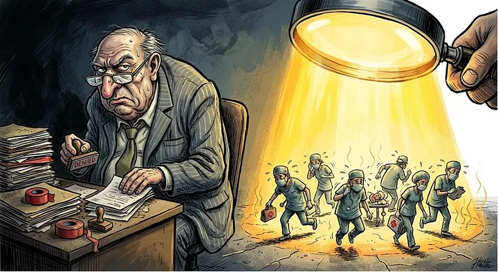 Editorial cartoon: a stern bureaucrat stamps DENIED at his desk while surgeons scramble under a magnifying-glass spotlight.